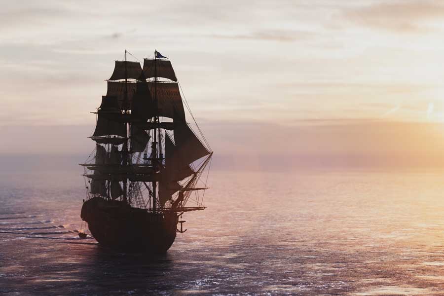 pirate ship on the open ocean